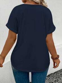 SHEIN EMERY ROSE CURVE Women's Plus Size Contrast Color Stripe V-Neck Short Sleeve Cuffed Casual T-Shirt, Versatile For Spring/Summer
