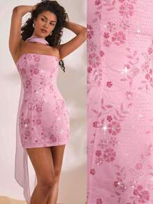 Opulessa 女士纯色亮片刺绣修身露肩迷你连衣裙