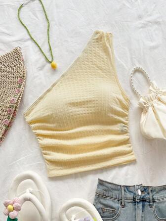 Soleia Lässige, sexy One-Shoulder-Bluse aus strukturiertem Stoff für Damen, Hellgelb, geeignet für Urlaub, Musikfestival, Bohème-Stil, Urlaubsdate, Nachmittagstee, schulterfreies Sommertop