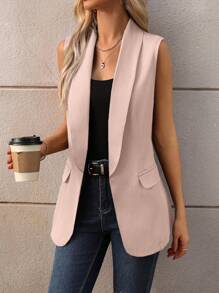 SHEIN LUNE Women's Sleeveless Cinched Waist Open Front Blazer, Summer Office Outfits For Women Professional Women Clothes In Fall/Winter - Dusty Pink - View 1