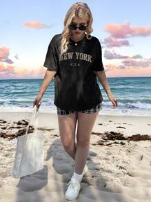 Veykashi 休闲时尚纽约豹纹圆领短袖修身大码女式 T 恤，适合夏季