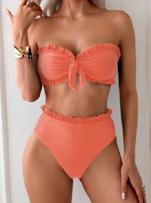 SHEIN Swim 女式夏季海滩纯色荷叶边抹胸比基尼套装，前结两件套泳衣，黑色泳衣