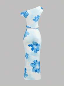 Girlism Teengirl 2 Pieces Set: Blue Casual Floral Pattern Asymmetrical Ruched Snug Fit Mini Skirt, Suitable For Summer, Vacation Outfits Young Girls Sets Summer Outfits 15 16