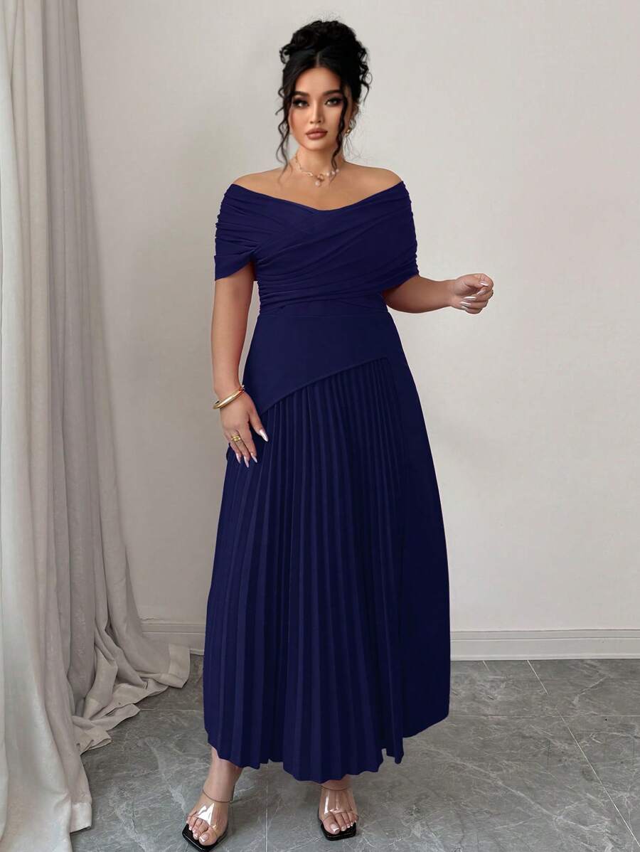 Elenzga Robe d'été élégante et romantique pour femmes grandes tailles, avec épaules dénudées, pour les vacances - Bleu azur - Voir 1