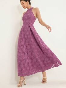 Aveloria Rosie 优雅花卉提花镂空雪纺立领收腰连衣裙，适合度假、浪漫、淑女 - 紫色 - 查看 5