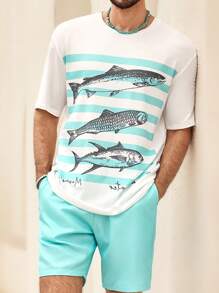 Manfinity VCAY Men's Casual Striped Fish Pattern Slim Fit Knit T-Shirt And Shorts Set - White - View 4
