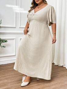 SHEIN CURVE+ Plus Size Casual Elegant V-Neck Cinched Waist A-Line Long Dress, Suitable For Holiday Graduation Dress/ Graduation Dresses For Women/ White Graduation Dress/ Graduation Outfit.,Summer Outfits For Womenbeach Outfits For Woman/Beach Dress/Beach Vacation Outfits/Beach Essentials / Graduation/Tea Party Dresssummer/Country/Beach Vacation Outfits/Beach Outfits/Beach Wear