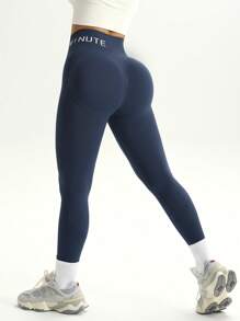 Dewbera 1pc Women Skinny Pants, Dark Gray Blue Letter Print Seamless Knit Yoga Fitness Outdoor Casual Sports Leggings - Blue - View 4