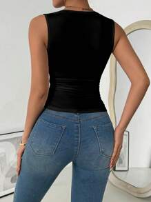 INAWLY Damsexiga sommarsexiga kontrastspetsar med V-ringad volang smal kamisole - Svart - Visa 2