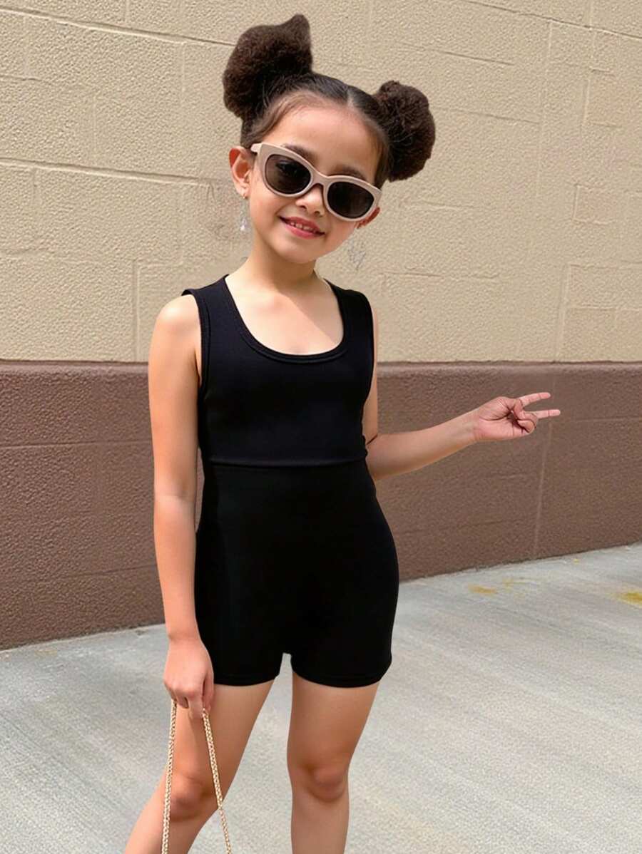 Young Girl Solid Color Fitted Jumpsuit - Black - View 1