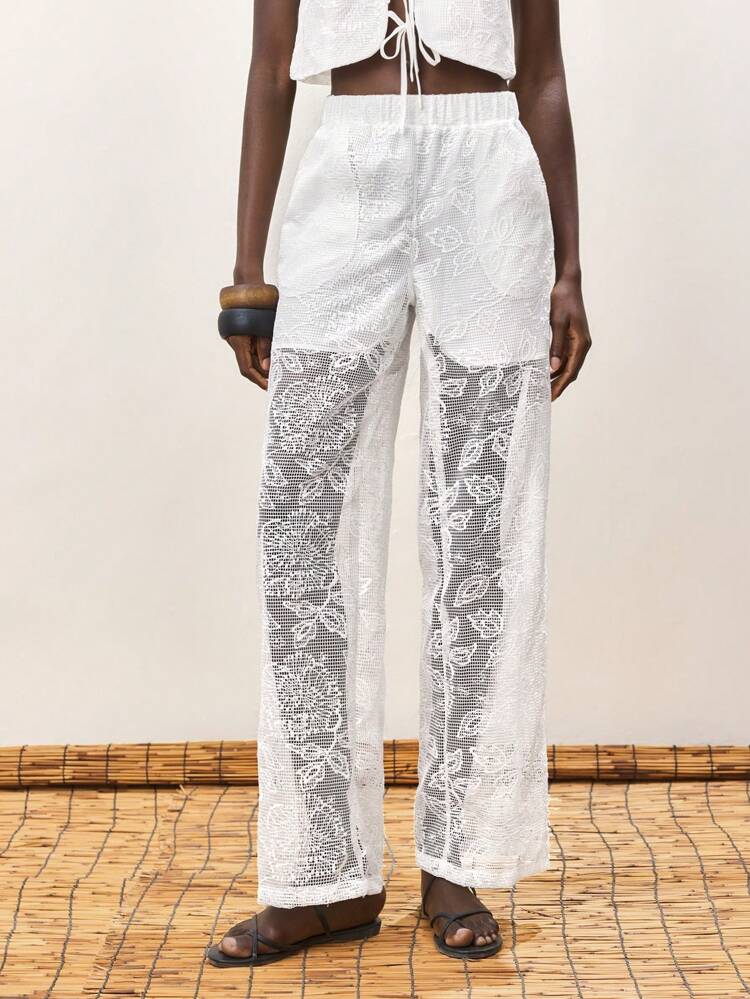 SHEIN Maija 女性夏用ウェア ハイウエスト ジャカード生地 フローラル 斜めポケット ゆとりデザイン リゾート 女性ロングパンツ