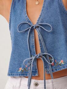 WESTFADE 夏季棉质牛仔 V 领可爱蝴蝶结前部无袖乡村西部春季花卉刺绣宽松短款背心上衣女牛仔竞技表演 - 中等水洗藍 - 查看 3