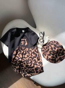 SHEIN Conjunto de 3 peças de camiseta de manga curta com estampa de leopardo para bebês, blusa de malha, shorts e chapéu de sol, roupa casual confortável para meninos/meninas, adequada para ambientes internos, externos, uso diário, esportes, brincadeiras, festas, fotografia, férias, primavera/verão - Branco - Ver 3