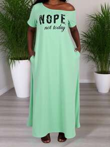 SHEIN LUNE Plus Size Solid Color Pattern Off The Shoulder Maxi Casual Dress For Women, Spring And Summer - Green - View 4