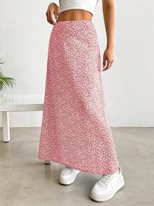 SHEIN EZwear 大码粉色碎花波西米亚风格及膝半身裙，适合春夏季 - 粉色 - 查看 4