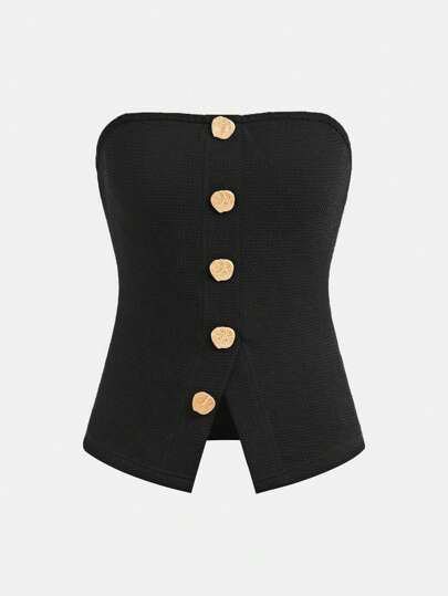 SHEIN Girlism Elegant Vacation Crop Top For Teen Girl, Metallic Contrast Button Closure Front Split Hem Bandeau Top, Suitable For Spring/Summer, Retro Style