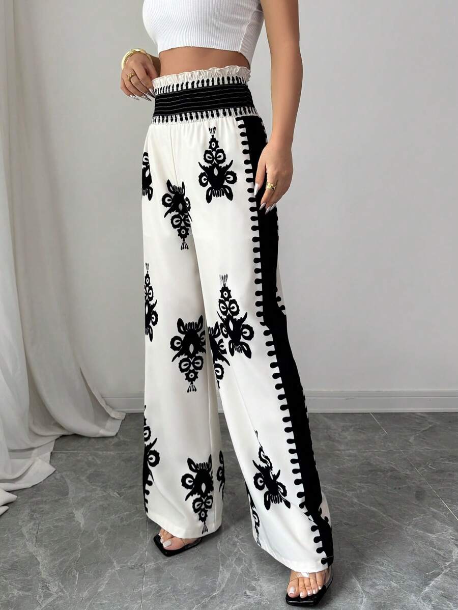 Elenzga Pantalones casuales elegantes con estampado completo y nudo en la cintura para mujer