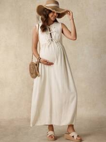 Boho Mama Elegant White Summer Maternity Pregnant Dress,Sleeveless Solid Color Baby Shower Outfit For Tea Party,Holiday Photoshoot Beach Vacation Outfits - Apricot - View 4