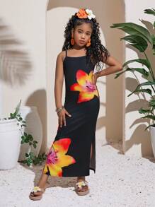 SHEIN Tween Girls' Casual Vacation Black Tropical Floral Print Slit Hem Dress