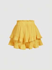 SHEIN MOD Women's Casual Plain Texture Ruffle Hem Shorts, Summer - Yellow - View 2