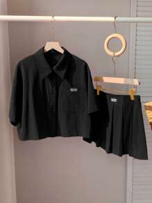 Comfortcana 女士休闲字母贴片短袖衬衫和短裤两件套，黑色，夏季 - 黑色 - 查看 3