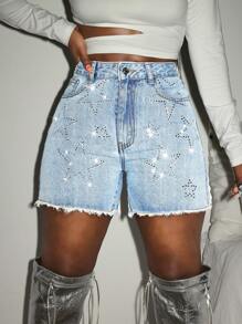 Slaydiva Damen Lässig Gerade Bein Jeans Shorts mit Strass Verzierung