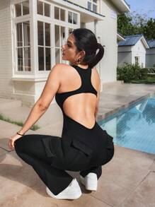 Slayform Women's Racerback Hollow Pocket Sleeveless Wide Leg Sports Jumpsuit - Black - View 1