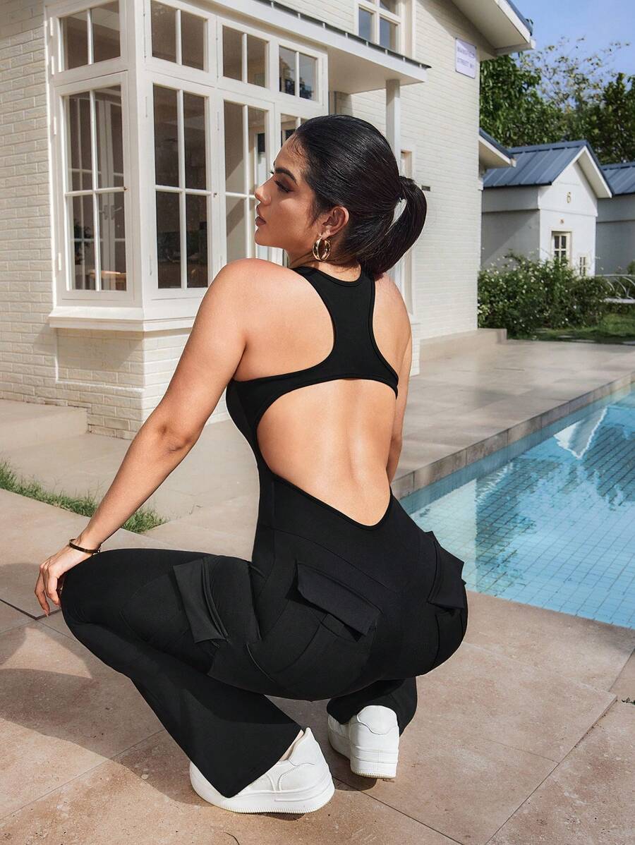 Slayform Women's Racerback Hollow Pocket Sleeveless Wide Leg Sports Jumpsuit - Black - View 1