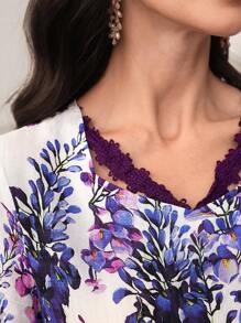 Lacomfia Vestido acampanado de estilo árabe para mujeres de primavera y verano con escote en forma de corazón, ribete de encaje y bajo con volantes, modesto - Multicolor - Ver 7