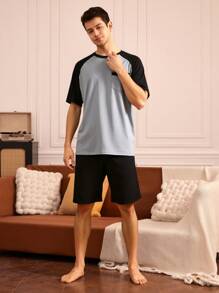 Casual Basic Raglan Sleeve Black & Grey Contrast Men's Pajama Set - Multicolor - View 3