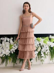 MOTF Soiréza VÁY DẠ HỘI TẬP HỢP VIỀN NGỌC TRAI GIẢ - Bụi hồng - Xem 6