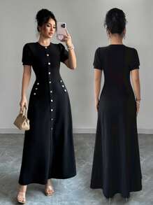 Elenzga Váy chữ A cổ tròn tay bồng cài nút giả - màu đen - Xem 1