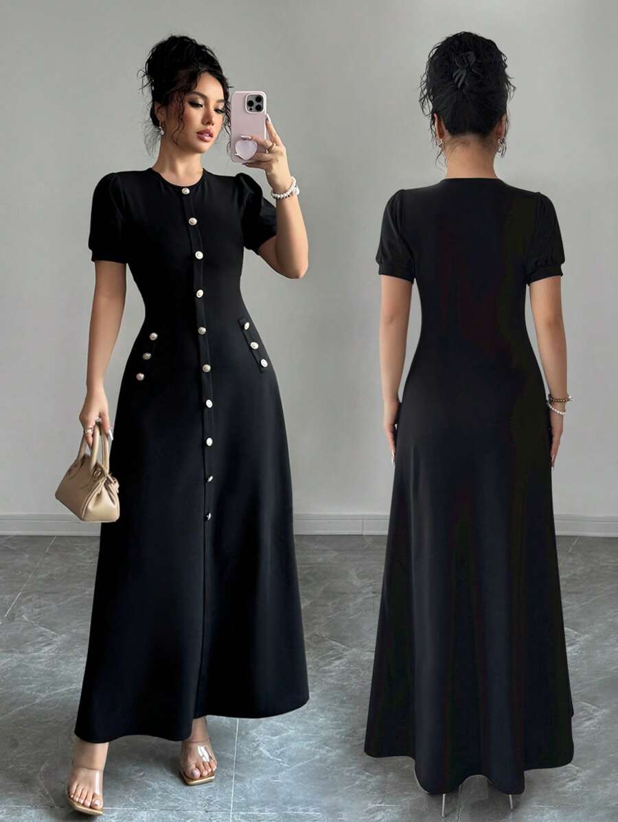 Elenzga Váy chữ A cổ tròn tay bồng cài nút giả - màu đen - Xem 1