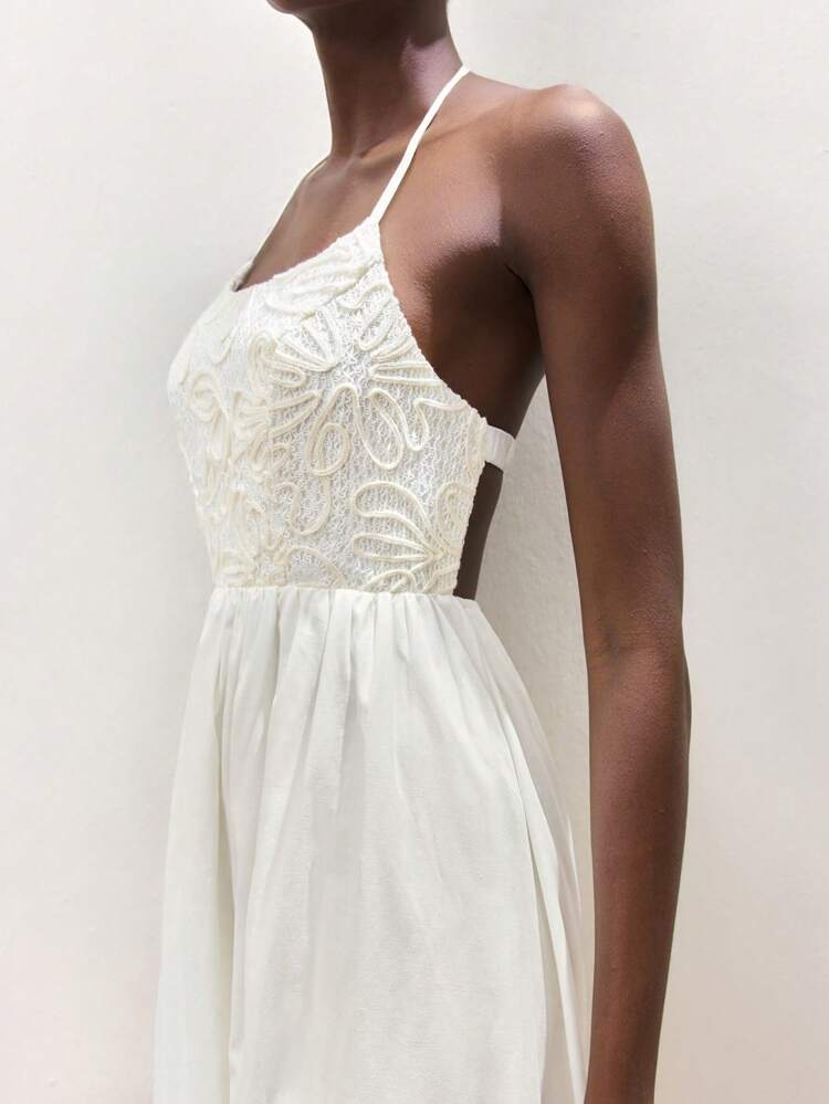 SHEIN Maija Women's White U-Neck Dress, Open Back Tie-Up Solid Color Loose A-Line Vacation Dress For Summer