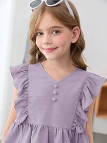 SHEIN Leap Crew Tween Girls Chiffon Ruffled V-Neck Blouse With Bowknot & Wide Leg Pants 2Pcs Casual Set, Countryside Style For Spring Outing, Garden Afternoon Tea - Mauve Purple - View 10