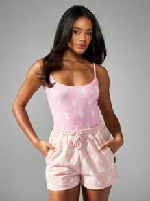 Missguided x Playboy Allover Bunny Print Cami Bodysuit Spaghetti Strap Athletic Loungewear Sleeveless Summer Jumpsuit Playsuit With Drawstring Shorts