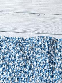 Linhara Plus Size Women's Blue Ditsy Floral Ruffle Trim Belted Short Sleeve Casual Shirt, Elegant Romantic Style, Spring/Summer