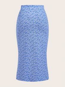 SHEIN EZwear Plus Size Ditsy Floral Printed Pleated Casual Skirt For Summer - Blue - View 2