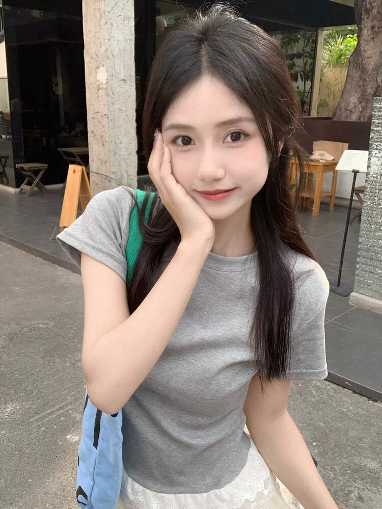 Women's Round Neck Short Sleeve Spliced Lace Casual Fitted Gray Summer T-Shirt