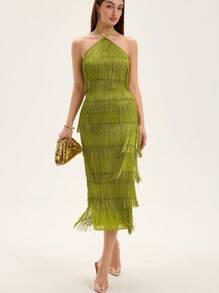 Aveloria Rosie Solid Color Multi-Layer Fringe Flowy Vacation Backless Sleeveless Criss-Cross Halter Sexy Dress For Women Elegant Fashionable Style For Summer Spring Fall Autumn - Green - View 5