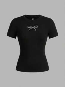 SHEIN EZwear 女式仿水钻字母蝴蝶结印花条纹休闲修身短袖 T 恤三件套，适合夏季、海滩度假 - 彩色 - 查看 5