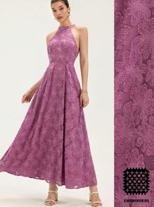 Aveloria Rosie 优雅花卉提花镂空雪纺立领收腰连衣裙，适合度假、浪漫、淑女 - 紫色 - 查看 3