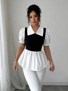 Elenzga 女士通勤装荷叶边下摆短袖上衣，撞色 - 黑與白 - 查看 4