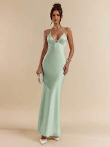 SHEIN BAE Vestido largo de satén color albaricoque con tirantes finos, cuello en V profundo y espalda descubierta con lazo, ideal para primavera/verano, vestido elegante, de vacaciones, de dama de honor, de fiesta de cumpleaños, de graduación, vestido blanco - verde menta - Ver 2