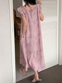 DAZY 可爱圆点印花褶皱面料宽松荷叶边下摆睡裙睡衣，哞哞睡衣 - 粉色 - 查看 2