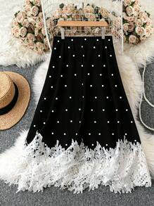 DreamSkyne 大码女式优雅休闲度假蕾丝圆点 A 字裙 - 黑色 - 查看 2
