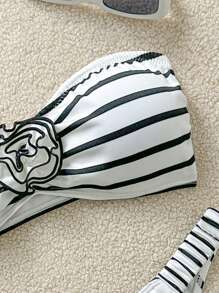 Soleia 女士夏季假日海滩条纹 3D 花朵抹胸比基尼套装 - 黑與白 - 查看 3