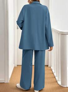 SHEIN Frenchy 2pcs Women's Plain Cuff Sleeve Shirt And Pants Casual Suit Winter - Dusty Blue - View 2