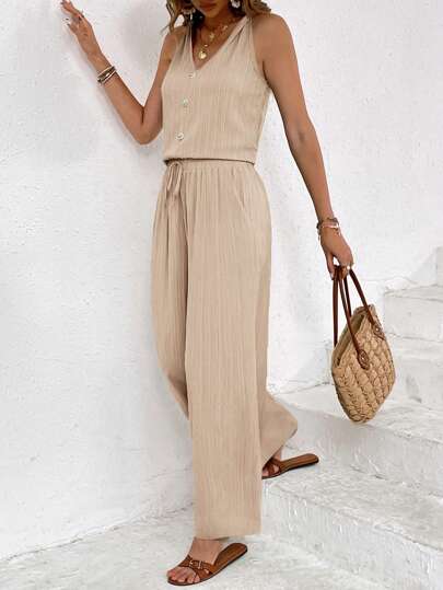 SHEIN Frenchy 2pcs Women's Solid Color Button-Decorated V-Neck Sleeveless Top And Pants Set Summer