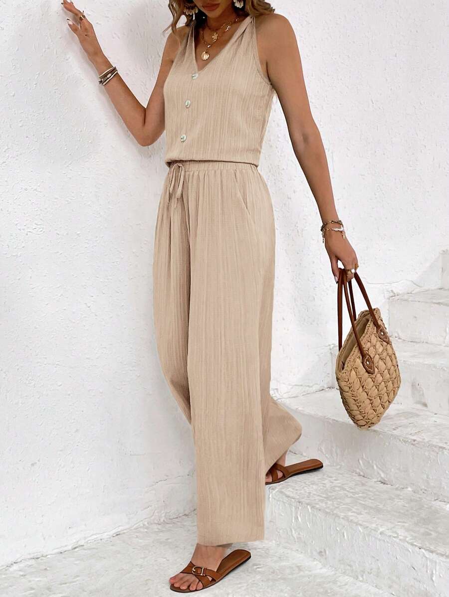 SHEIN Frenchy 2pcs Women's Solid Color Button-Decorated V-Neck Sleeveless Top And Pants Set Summer - Dusty Pink - View 1